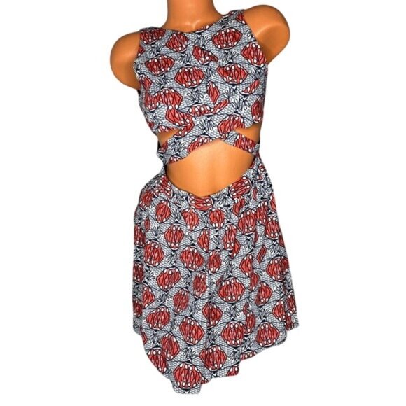 Zara Trafaluc Cut Out Mini Dress Red Navy Printed Fit Flair Cross Halter Size XS - Picture 1 of 13